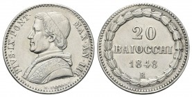 ROMA
Pio IX (Giovanni Maria Mastai Ferretti), 1846-1878. 20 Baiocchi 1848 a. III.
Ag 
Dr. Busto a s. con zucchetto, mozzetta e stola. Rv. Valore en...