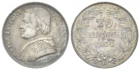 ROMA
Pio IX (Giovanni Maria Mastai Ferretti), 1846-1878. 20 Baiocchi 1860 a. XIV.
Ag 
Dr. Busto a s. con zucchetto, mozzetta e stola. Rv. Valore e ...