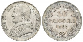ROMA
Pio IX (Giovanni Maria Mastai Ferretti), 1846-1878. 20 Baiocchi 1865 a. XX.
Ag 
Dr. Busto a s. con zucchetto, mozzetta e stola. Rv. Valore e d...