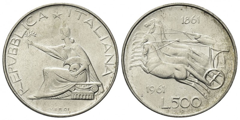 ROMA
Repubblica Italiana, dal 1946. 500 Lire 1961, 100 mo Unità d’Italia, bordo...