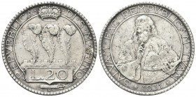 SAN MARINO
Vecchia monetazione, 1864-1938. 20 Lire 1931.
Ag 
Dr. Tre penne coronate, su merlature. Rv. Busto di San Marino con le tre torri della R...