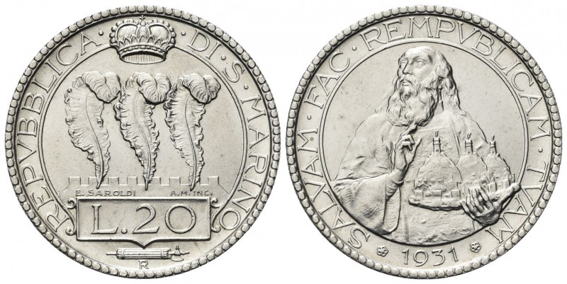 SAN MARINO
Vecchia monetazione, 1864-1938. 20 Lire 1931.
Ag 
Dr. Tre penne co...