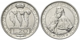 SAN MARINO
Vecchia monetazione, 1864-1938. 20 Lire 1931.
Ag 
Dr. Tre penne coronate, su merlature. Rv. Busto di San Marino con le tre torri della R...