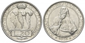 SAN MARINO
Vecchia monetazione, 1864-1938. 20 Lire 1935.
Ag 
Dr. Tre penne coronate, su merlature. Rv. Busto di San Marino con le tre torri della R...