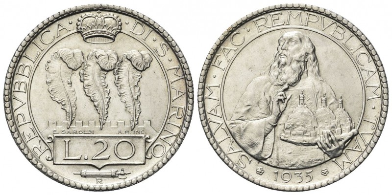 SAN MARINO
Vecchia monetazione, 1864-1938. 20 Lire 1935.
Ag 
Dr. Tre penne co...
