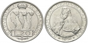 SAN MARINO
Vecchia monetazione, 1864-1938. 20 Lire 1936.
Ag 
Dr. Tre penne coronate, su merlature. Rv. Busto di San Marino con le tre torri della R...
