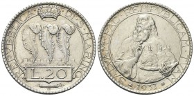 SAN MARINO
Vecchia monetazione, 1864-1938. 20 Lire 1937.
Ag 
Dr. Tre penne coronate, su merlature. Rv. Busto di San Marino con le tre torri della R...