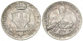 SAN MARINO
Vecchia monetazione, 1864-1938. 10 Lire 1931.
Ag 
Dr. Stemma coronato su fascio littorio. Rv. Busto di Sant’Agata con spada e corona.
P...