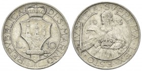 SAN MARINO
Vecchia monetazione, 1864-1938. 10Llire 1935.
Ag 
Dr. Stemma coronato su fascio littorio. Rv. Busto di Sant’Agata con spada e corona.
P...
