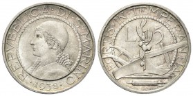 SAN MARINO
Vecchia monetazione, 1864-1938. 5 Lire 1938.
Ag 
Dr. Busto muliebre a s. Rv. Aratro sormontato da ramo di ulivo.
Pag. 364; Gig. 21. 
...