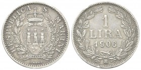 SAN MARINO
Vecchia monetazione, 1864-1938. Lira 1906.
Ag 
Dr. Stemma coronato tra un ramo di lauro e uno di quercia. Rv. Valore e data tra due rami...