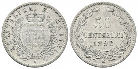 SAN MARINO
Vecchia Monetazione, 1864-1938. 50 Centesimi 1898.
Ag 
Dr. Stemma coronato tra un ramo di lauro e uno di quercia. Rv. Valore e data tra ...