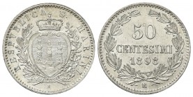 SAN MARINO
Vecchia Monetazione, 1864-1938. 50 Centesimi 1898.
Ag 
Dr. Stemma coronato tra un ramo di lauro e uno di quercia. Rv. Valore e data tra ...