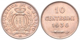 SAN MARINO
Vecchia Monetazione, 1864-1938. 10 Centesimi 1936.
Æ 
Dr. Stemma coronato tra un ramo di lauro e uno di quercia. Rv. Valore e data.
Gig...
