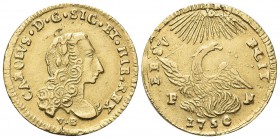SICILIA
Carlo di Borbone, 1734-1759. Oncia 1750.
Au gr. 4,36
Dr. CAROLVS D G SIC ET HIE REX. Busto laureato a d.; sotto, VB. Rv. RE - SV - RGIT. La...
