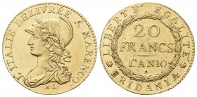 TORINO
Repubblica Subalpina, 1800-1802. 20 Franchi an. 10 ‘A MARENCO (1801-1802).
Au 
Dr. L'ITALIE DELIVRÉE A' MARENCO. Busto galeato di Minerva la...