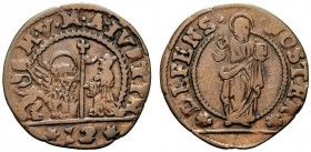 VENEZIA
Marcantonio Giustinian Doge CVII, 1684-1688. Soldo da 12 Bagattini.
Æ gr. 1,61
Dr. S M V M AIVSTIN. Il doge, in ginocchio tiene il vessillo...