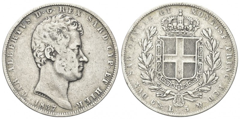 REGNO DI SARDEGNA
Carlo Alberto, 1831-1849. 5 Lire 1837 Genova. 
Ag 
Dr. Test...