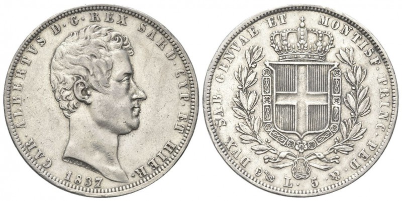 REGNO DI SARDEGNA
Carlo Alberto, 1831-1849. 5 Lire 1837 Genova.
Ag 
Dr. Testa...