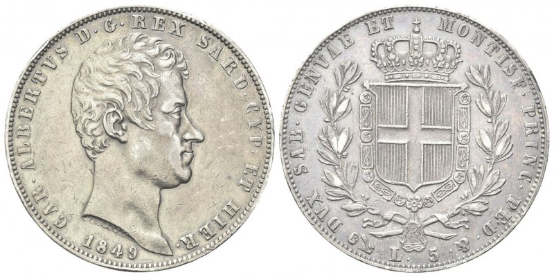 REGNO DI SARDEGNA
Carlo Alberto, 1831-1849. 5 Lire 1849 Genova.
Ag 
Dr. Testa...