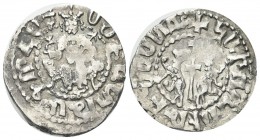 ARMENIA
Levon I, 1198-1219. Tram.
Ag gr. 2,91
Dr. Il re seduto in trono tiene croce e fleur de lis. Rv. Lunga croce tra due leoni.
Bedoukian 1658....