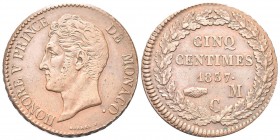 MONACO
Onorato V, Principe di Monaco, 1819-1841. 5 Cents 1837 MC.
Æ gr. 9,13
Dr. Testa nuda a s. Rv. Valore e data entro corona di quercia. 
KM#95...