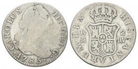 SPAGNA
Carlo III di Borbone, Re di Spagna 1759-1788. 2 Reales 1785 Madrid.
Ag gr. 5,50
Dr. CAROLUS - III DEI G. Busto drappeggiato a d.; sotto, 178...