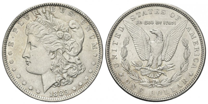 USA
Federazione. Dollaro 1889.
Ag 
Dr. Testa muliebre diademata a s., con ber...