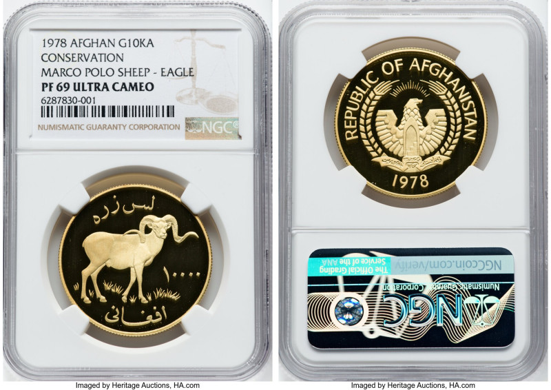 Republic gold Proof "Marco Polo Sheep" 10000 Afghanis 1978 PR69 Ultra Cameo NGC,...