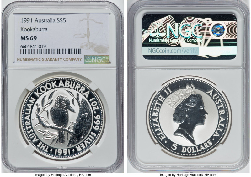 Elizabeth II silver "Kookaburra" 5 Dollars 1991 MS69 NGC, Perth mint, KM138. HID...