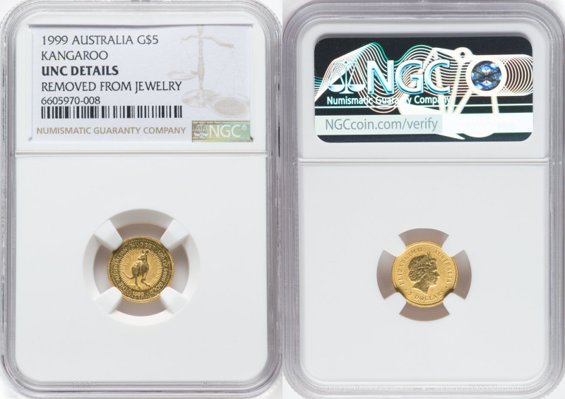 Elizabeth II gold "Kangaroo" 5 Dollars (1/20 oz) 1999-P UNC Details (Removed fro...
