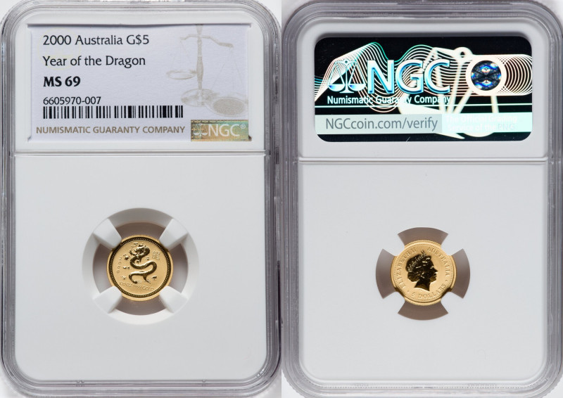 Elizabeth II gold "Year of the Dragon" 5 Dollars 2000-P MS69 NGC, Perth mint, KM...