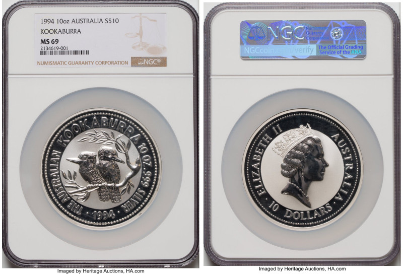 Elizabeth II silver Proof "Kookaburra" 10 Dollars (10 oz) 1994 MS69 NGC, KM231. ...