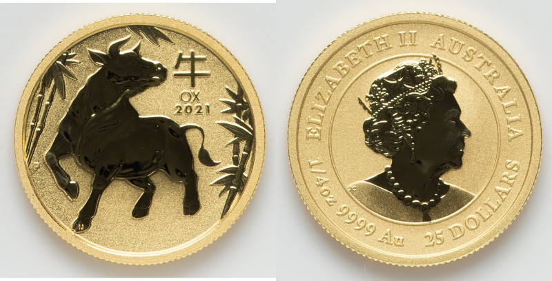 Elizabeth II gold Proof "Year of the Ox" 25 Dollars (1/4 oz) 2021 UNC, Lunar ser...