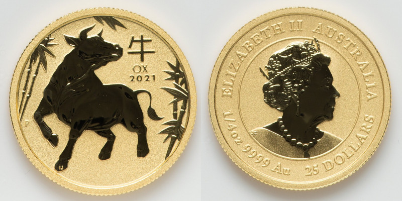 Elizabeth II gold Proof "Year of the Ox" 25 Dollars (1/4 oz) 2021 UNC, Lunar ser...