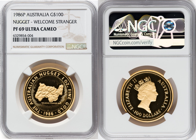 Elizabeth II gold Proof "Nugget" 100 Dollars (1 oz) 1986-P PR69 Ultra Cameo NGC,...