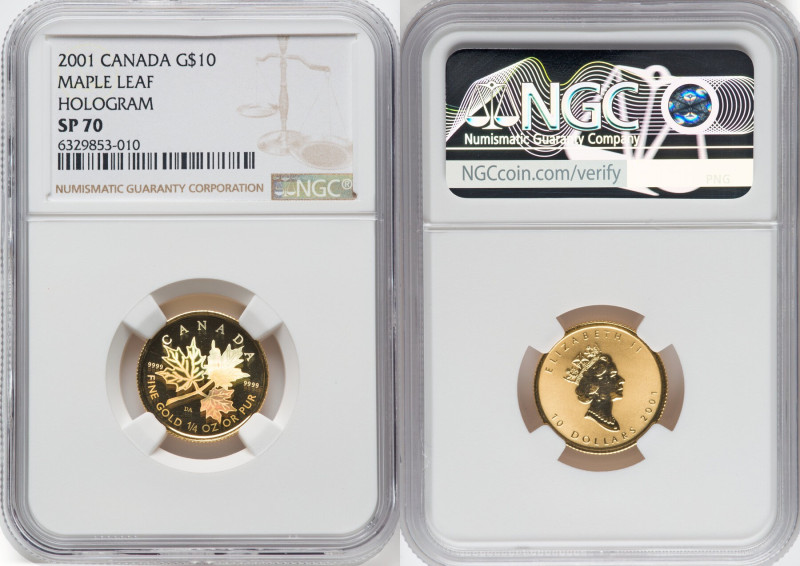 Elizabeth II gold Hologram Specimen "Maple Leaf" 10 Dollars (1/4 oz) 2001 SP70 N...