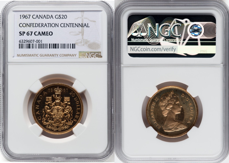 Elizabeth II gold Specimen "Confederation Centennial" 20 Dollars 1967 SP67 Cameo...