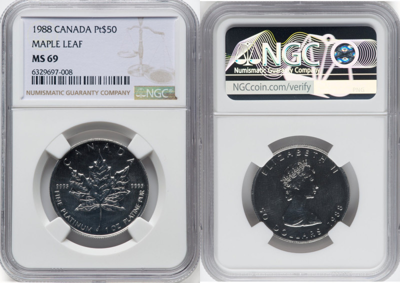 Elizabeth II platinum "Maple Leaf" 50 Dollars (1 oz) 1988 MS69 NGC, KM167. HID09...