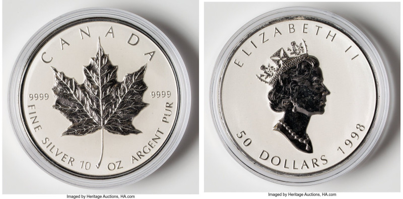 Elizabeth II silver Proof "Maple Leaf" 50 Dollars (10 oz) 1998 UNC, KM326. Inclu...