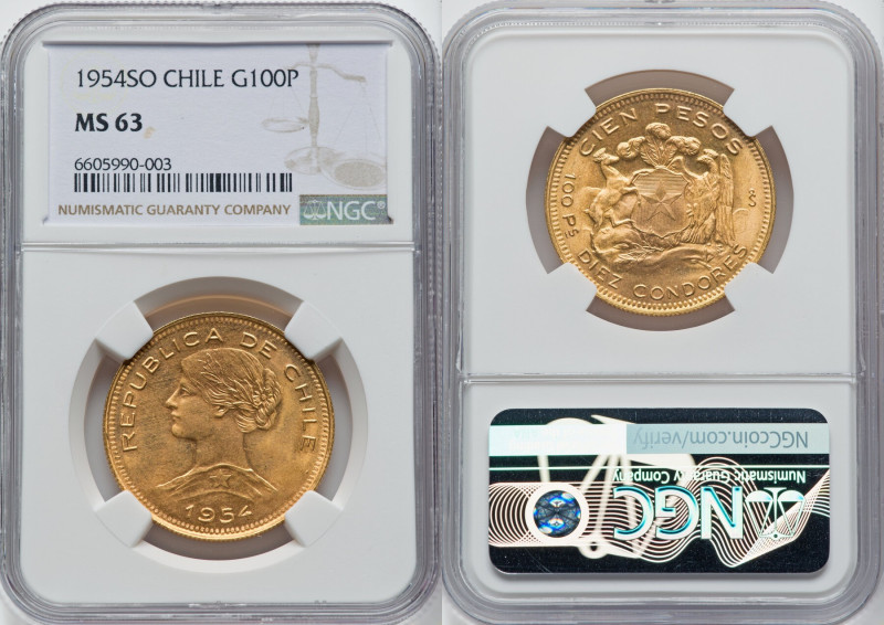 Republic gold 100 Pesos 1954-So MS63 NGC, Santiago mint, KM175. A wonderful exam...