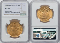 Republic gold 100 Pesos 1954-So MS63 NGC, Santiago mint, KM175. A wonderful example with flat fields and detailed devices. HID09801242017 © 2022 Herit...