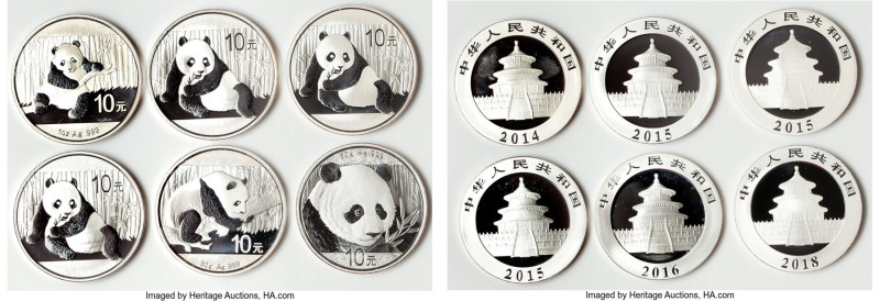 People's Republic 6-Piece Lot of Uncertified silver Panda 10 Yuan UNC, Includes ...