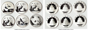 People's Republic 6-Piece Lot of Uncertified silver Panda 10 Yuan UNC, Includes (1) 2014, (3) 2015, (1) 2016, and (1) 2018 issues. HID09801242017 © 20...