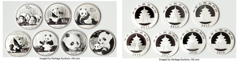 People's Republic 7-Piece Lot of Uncertified silver Panda 10 Yuan UNC, Running f...