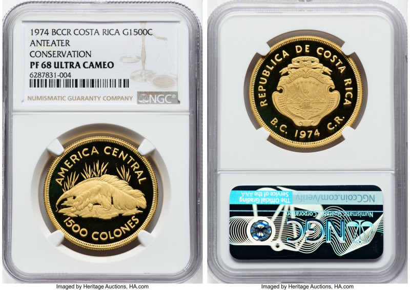 Republic gold Proof "Anteater" 1500 Colones 1974 PR68 Ultra Cameo NGC, Royal min...