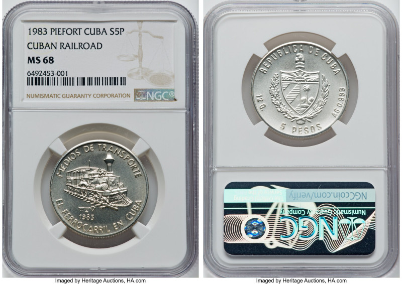 Republic silver Piefort "Cuban Railroad" 5 Pesos 1983 MS68 NGC, Havana mint, KM-...