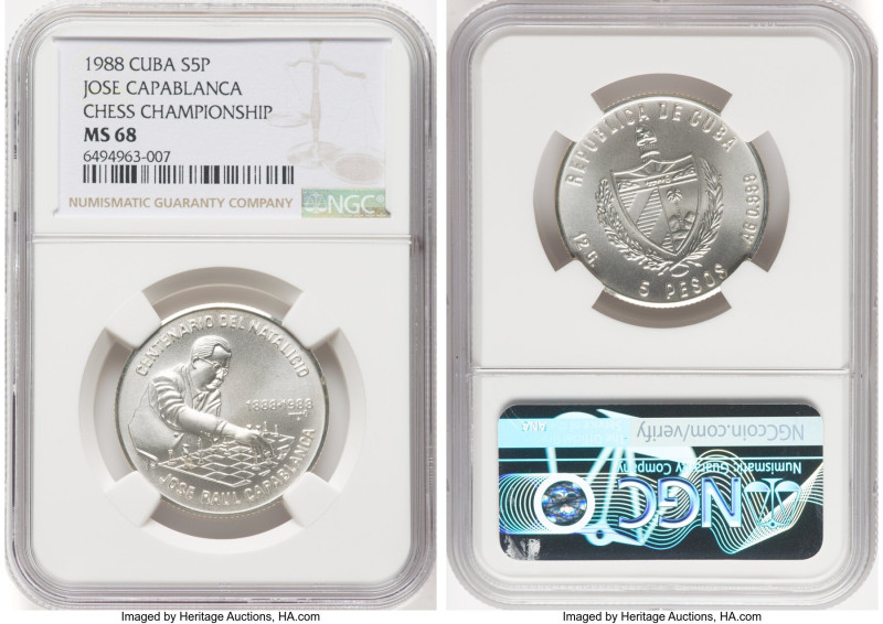 Republic silver "Jose Capablanca - Chess Championship" 5 Pesos 1988 MS68 NGC, KM...