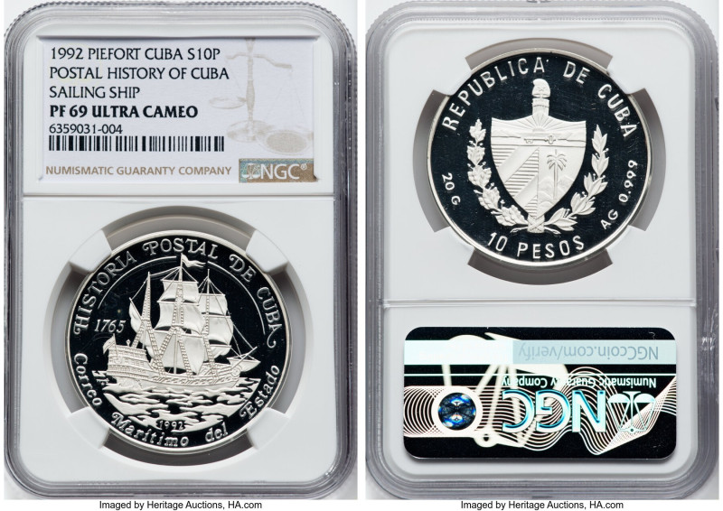 Republic silver Proof Piefort "Postal History" 10 Pesos 1992 PR69 Ultra Cameo NG...