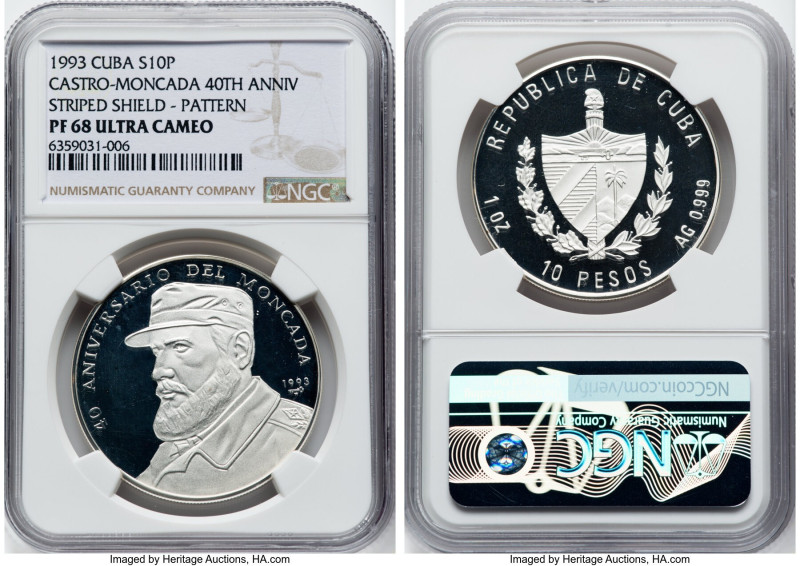 Republic silver Proof Pattern "Castro-Moncada - 40th Anniversary" 10 Pesos 1993 ...